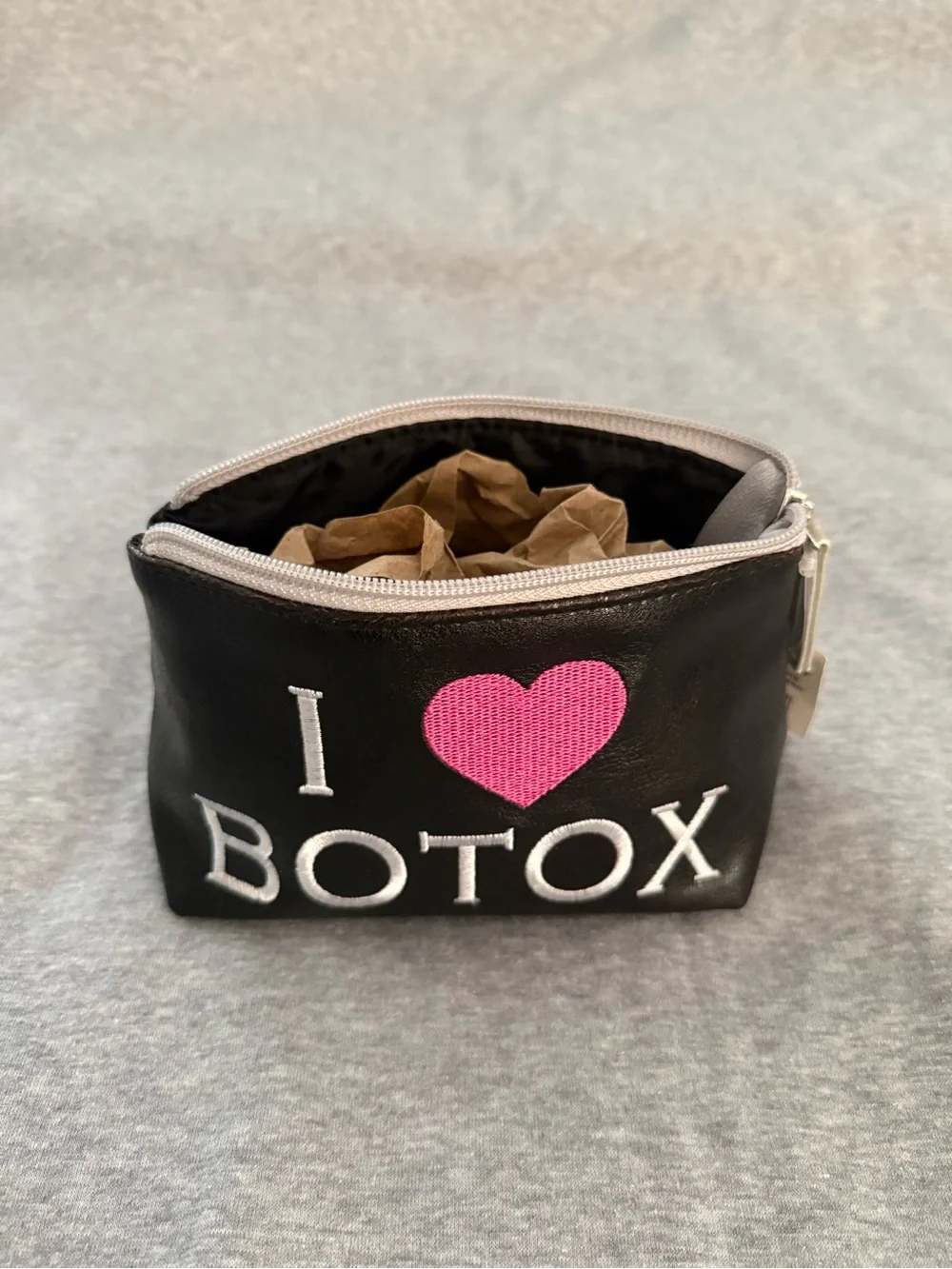 “I ♡ Botox” Makeup Pouch - 9” L x 3” W x 4.5” H, Black